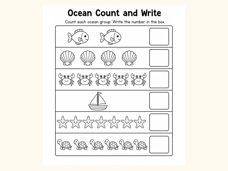 Ocean 1 Count and Write Worksheet printable preview