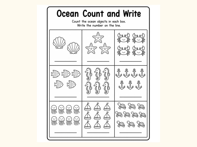 Ocean Count and Write Worksheet printable preview