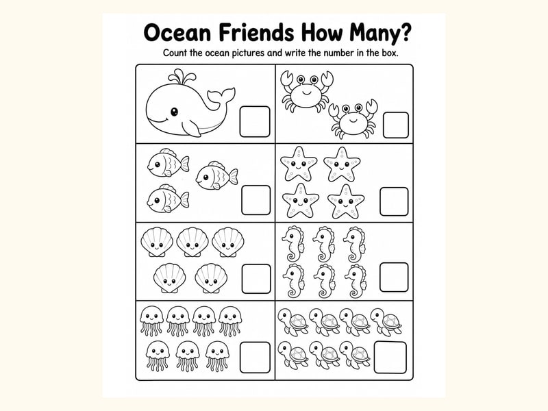 Ocean Friends How Many Counting Worksheet printable preview