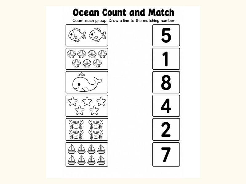 Ocean Match Objects to Numbers Worksheet printable preview