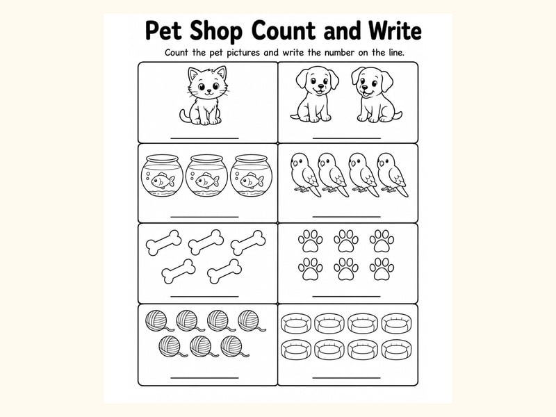 Pets Count and Write Worksheet printable preview