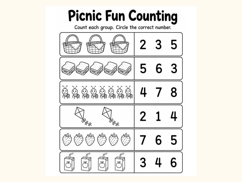 Picnic Count and Circle Worksheet printable preview