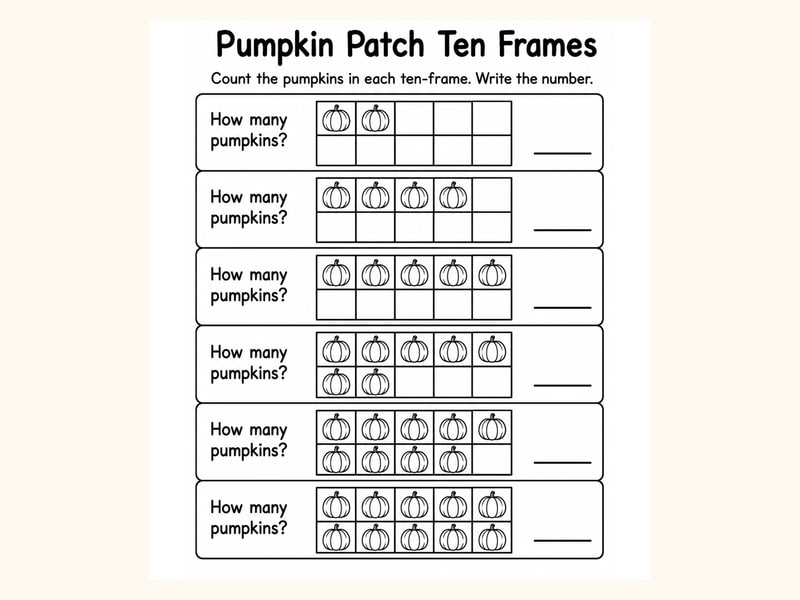 Pumpkins Ten Frame Counting Worksheet printable preview