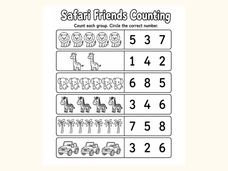 Safari Animals 1 Count and Circle Worksheet printable preview
