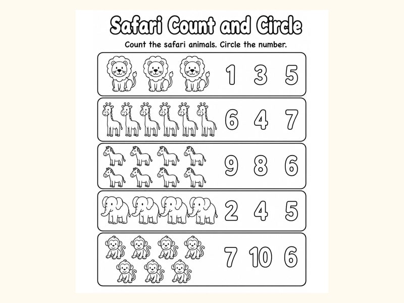 Safari Animals Count and Circle Worksheet printable preview