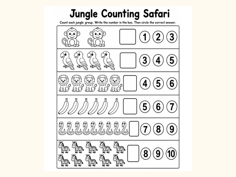 Safari Animals Count and Circle Worksheet printable preview