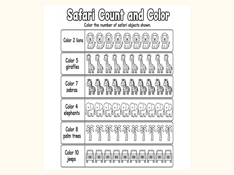 Safari Animals Count and Color Worksheet printable preview