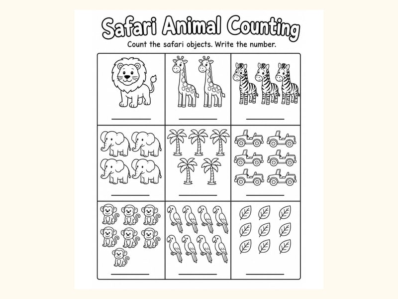 Safari Animals Count and Write Worksheet printable preview