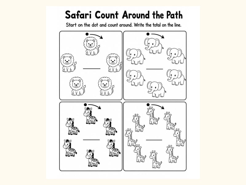 Safari Animals Count Around Path Mixed Counting Practice Worksheet printable preview