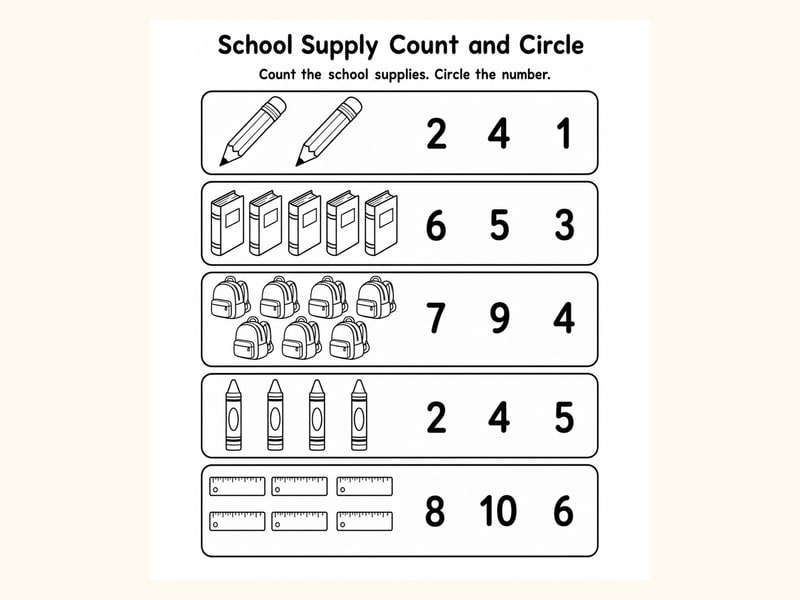 School Supplies Count and Circle Worksheet printable preview