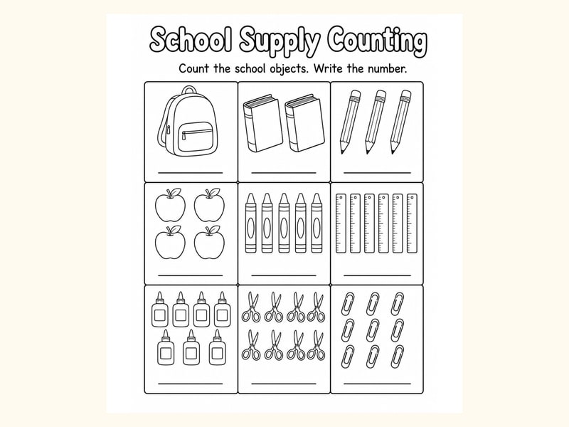 School Supplies Count and Write Worksheet printable preview