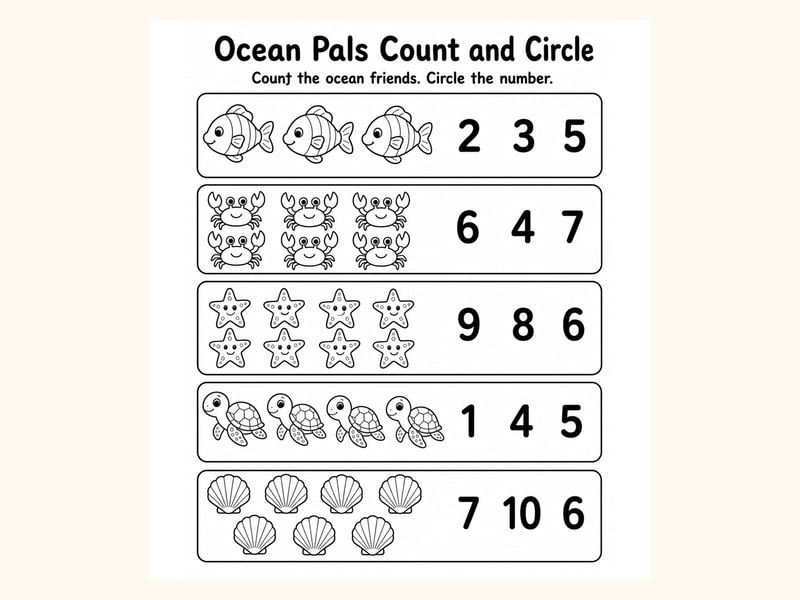 Sea Creatures Count and Circle Worksheet printable preview