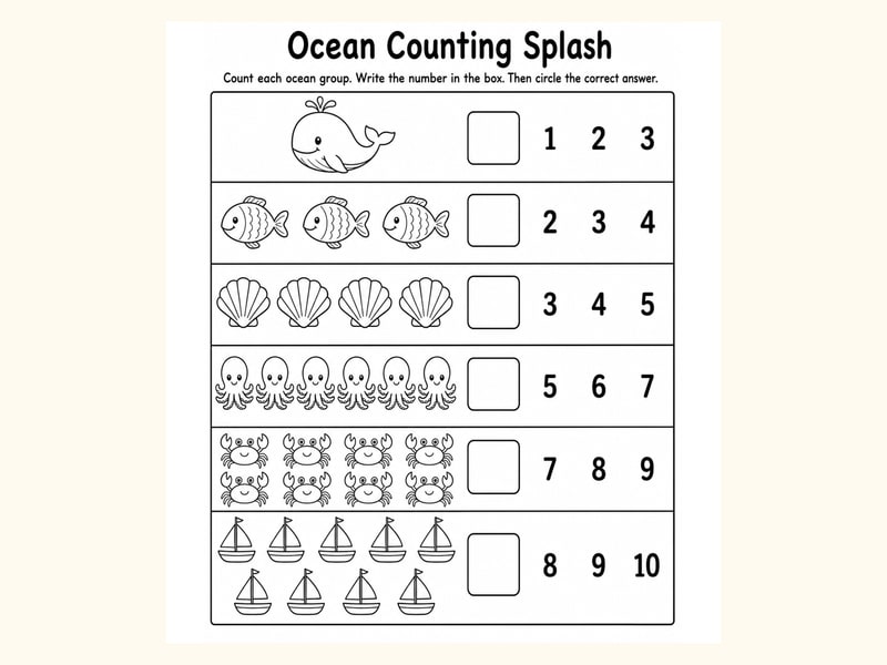Sea Creatures Count and Circle Worksheet printable preview