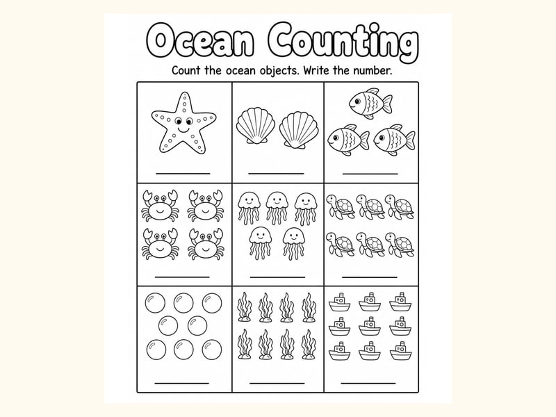Sea Creatures Count and Write Worksheet printable preview