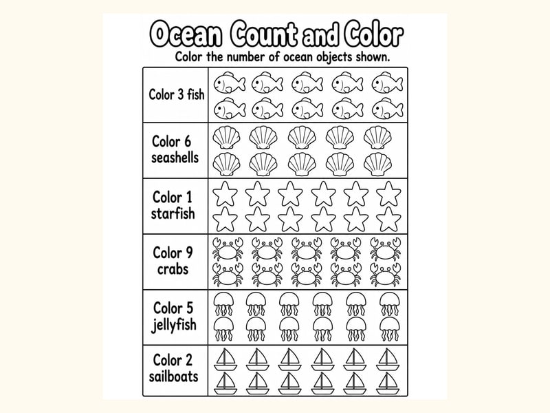 Sea Creatures Count and Color Worksheet printable preview