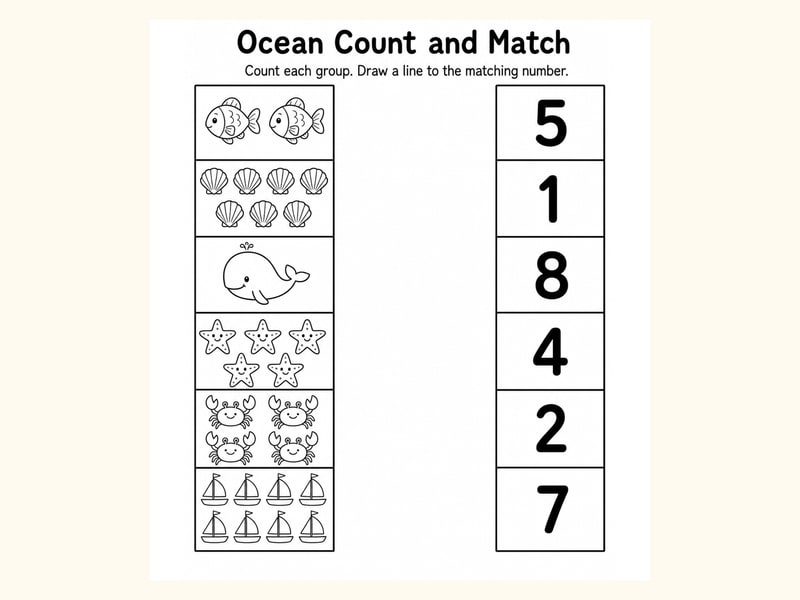 Sea Creatures Match Objects to Numbers Worksheet printable preview