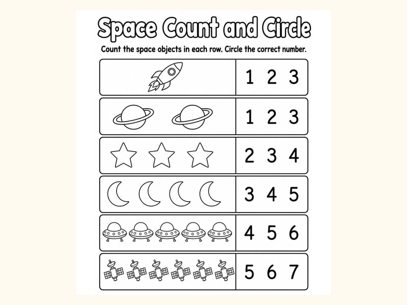 Space 1 Count and Circle Worksheet printable preview