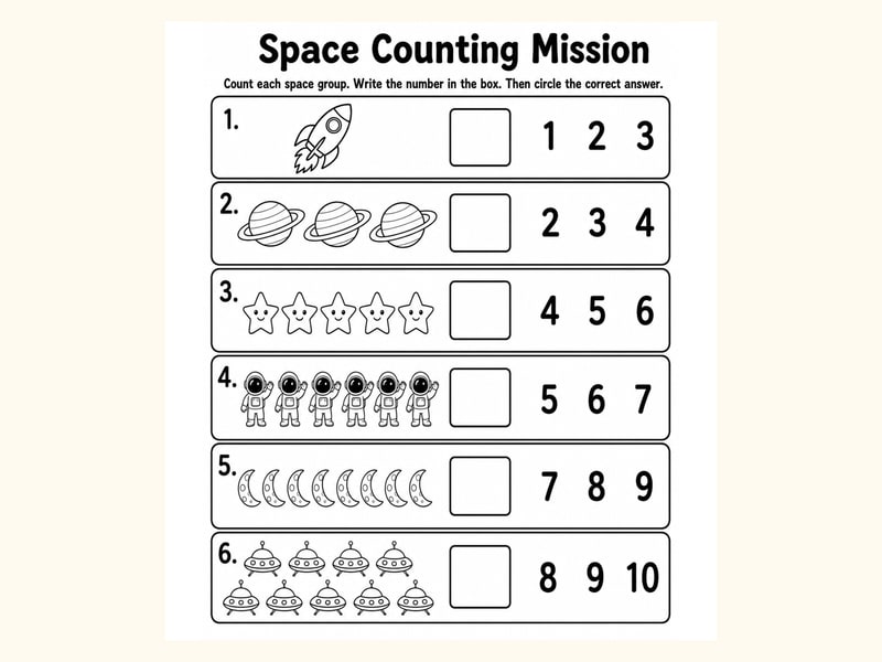 Space Count and Circle Worksheet printable preview