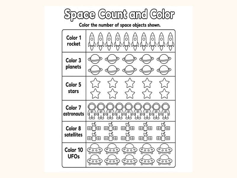 Space Count and Color Worksheet printable preview
