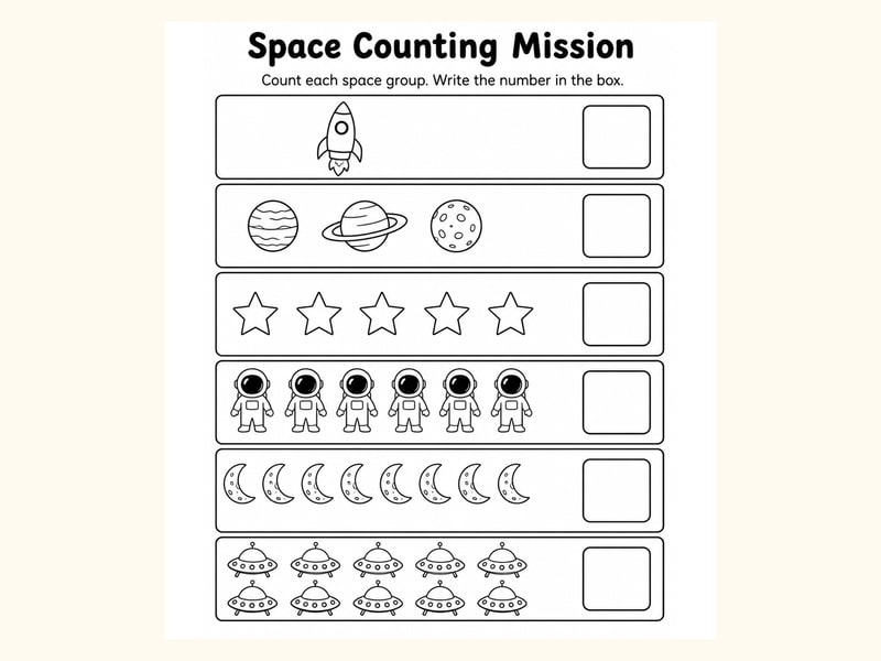Space 1 Count and Write Worksheet printable preview