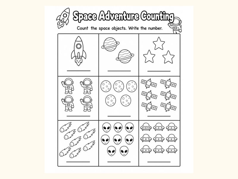 Space 2 Count and Write Worksheet printable preview