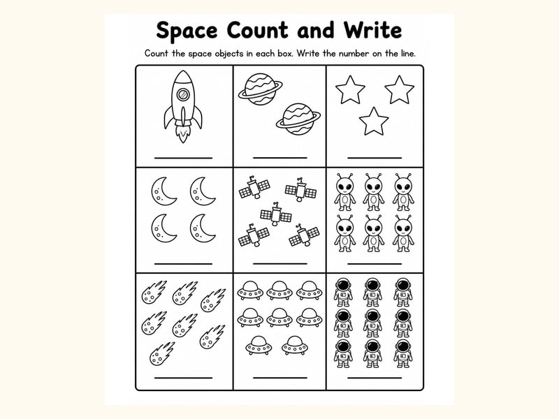 Space Count and Write Worksheet printable preview