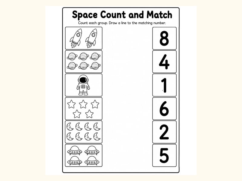 Space 1 Match Objects to Numbers Worksheet printable preview