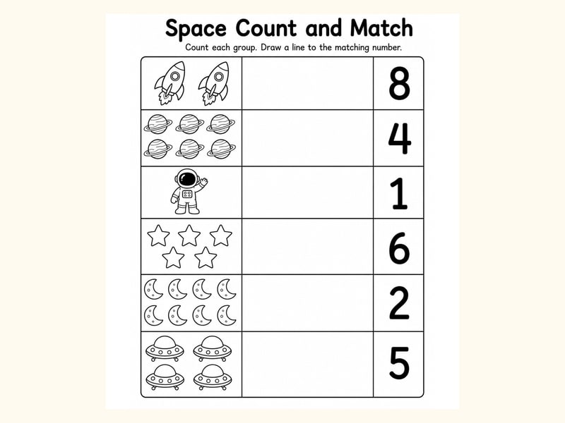 Space Match Objects to Numbers Worksheet printable preview