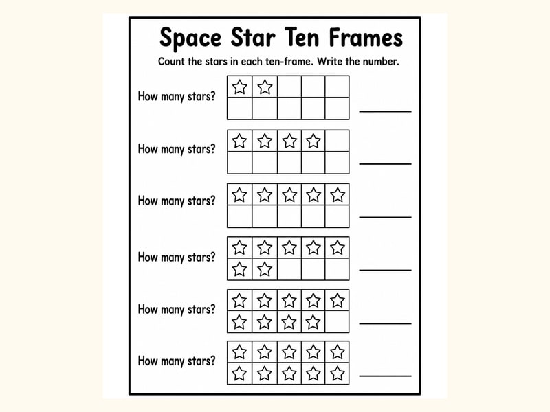 Space Stars Ten Frame Counting Worksheet printable preview