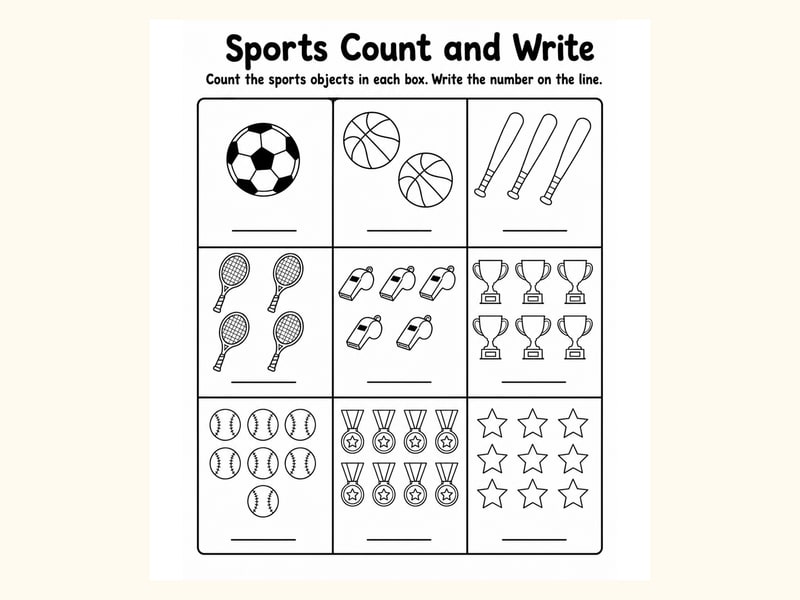 Sports Count and Write Worksheet printable preview