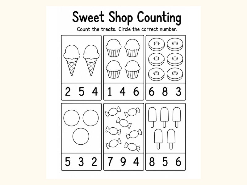 Sweet Shop Count and Circle Worksheet printable preview
