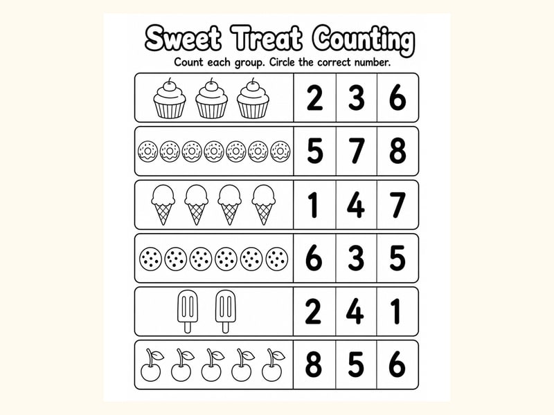 Sweet Treats 1 Count and Circle Worksheet printable preview