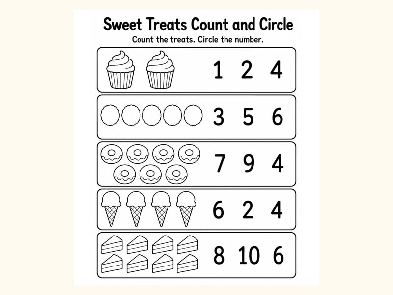 Sweet Treats Count and Circle Worksheet printable preview