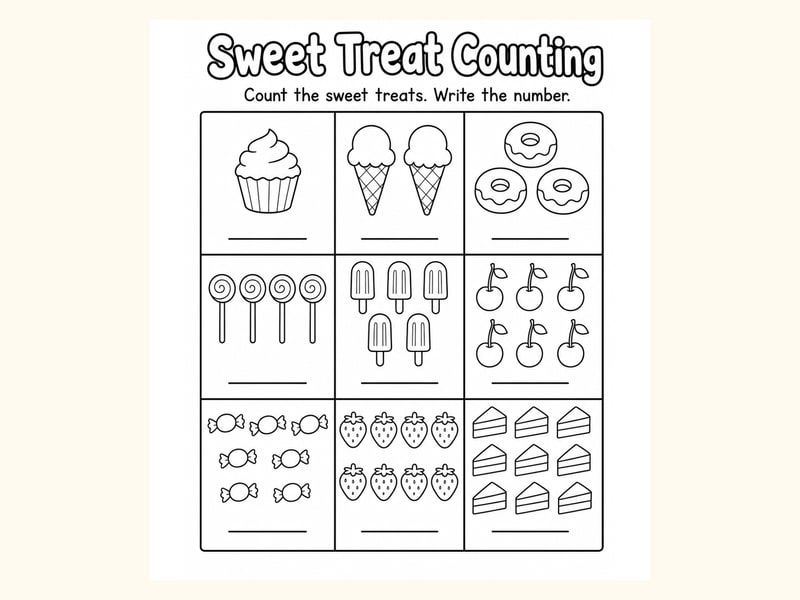 Sweet Treats Count and Write Worksheet printable preview