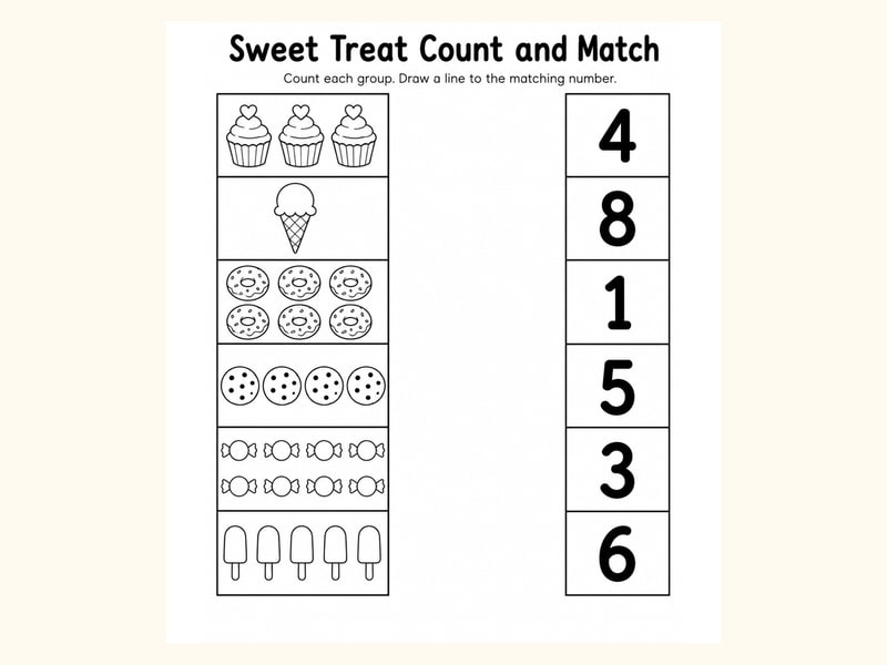 Sweet Treats 1 Match Objects to Numbers Worksheet printable preview