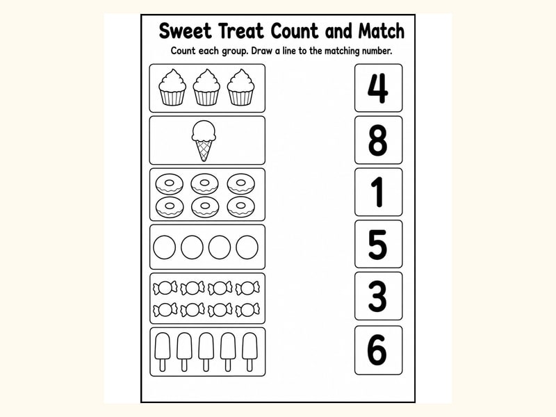 Sweet Treats Match Objects to Numbers Worksheet printable preview