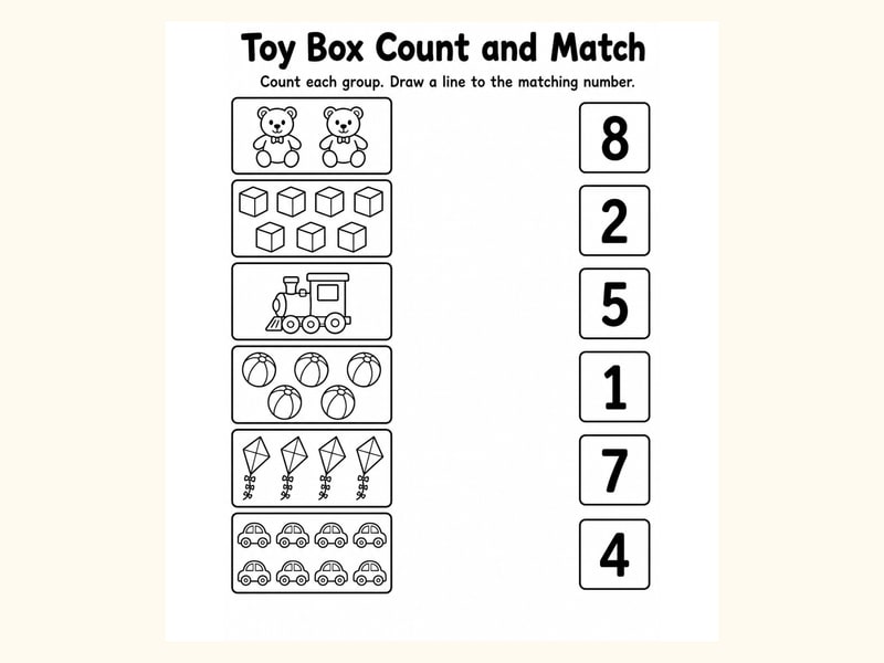 Toy Box Match Objects to Numbers Worksheet printable preview