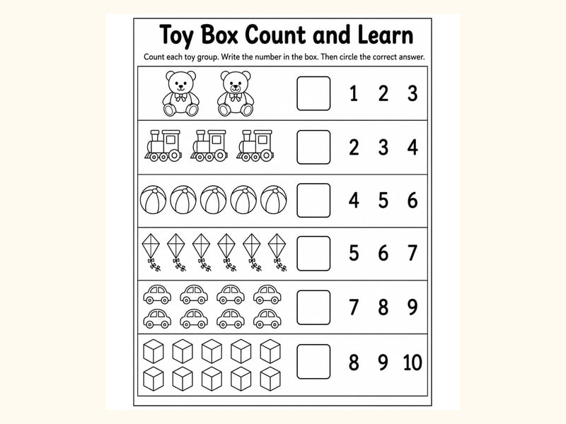 Toys Count and Circle Worksheet printable preview