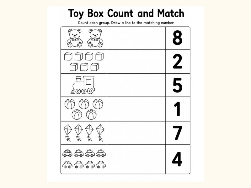 Toys Match Objects to Numbers Worksheet printable preview
