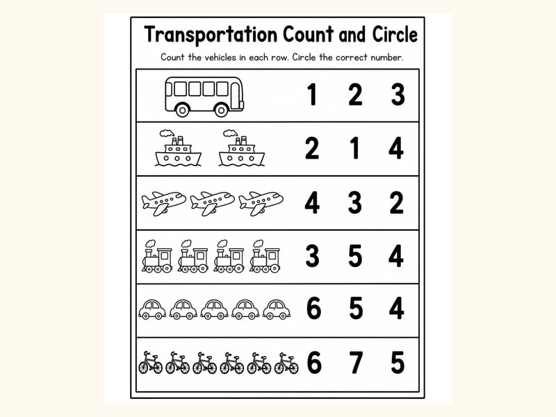 Vehicles Count and Circle Worksheet printable preview