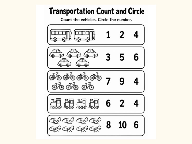 Vehicles Count and Circle Worksheet printable preview