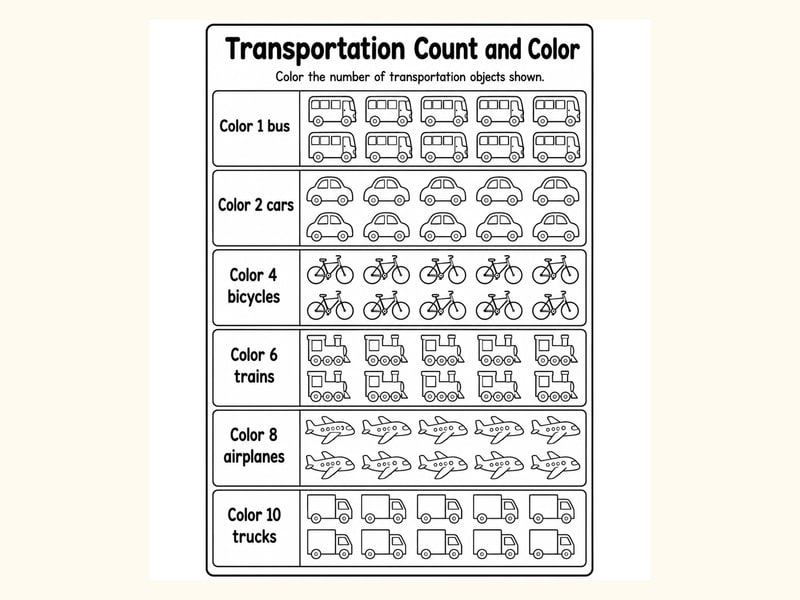 Vehicles Count and Color Worksheet printable preview