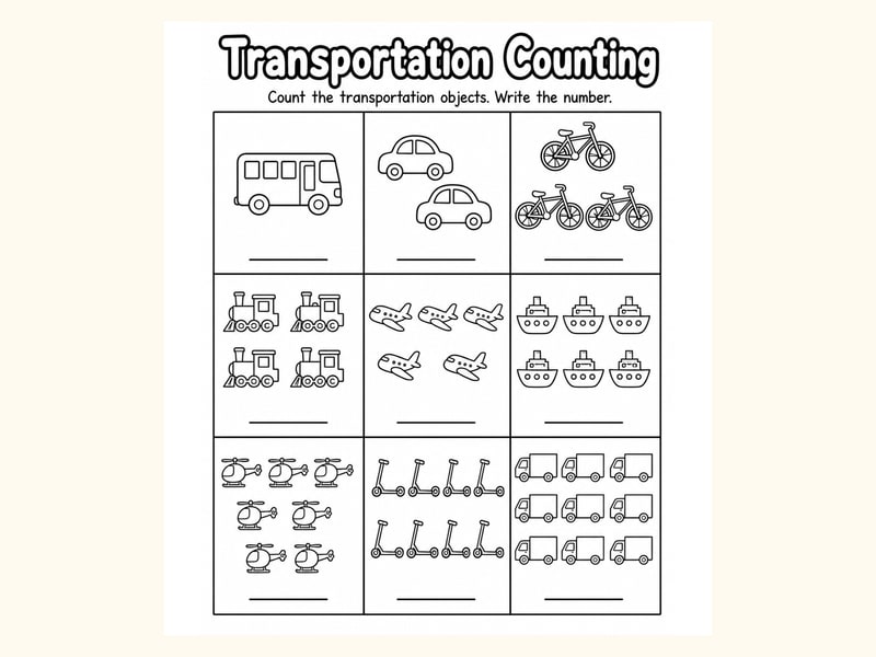Vehicles Count and Write Worksheet printable preview
