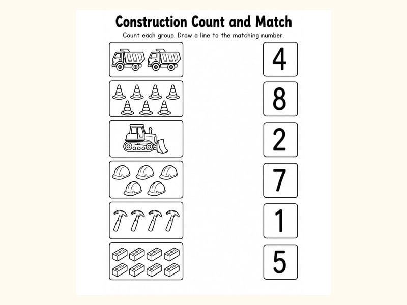 Vehicles Match Objects to Numbers Worksheet printable preview