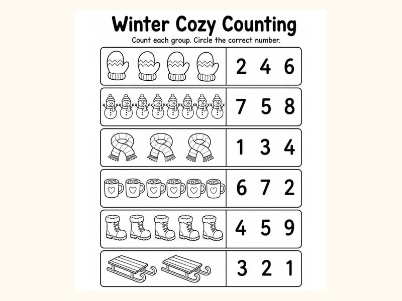 Winter 1 Count and Circle Worksheet printable preview