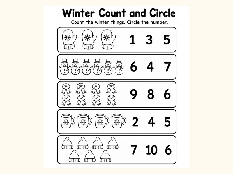 Winter Count and Circle Worksheet printable preview