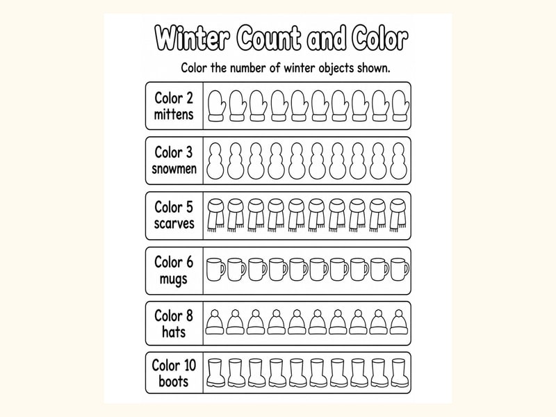 Winter Count and Color Worksheet printable preview