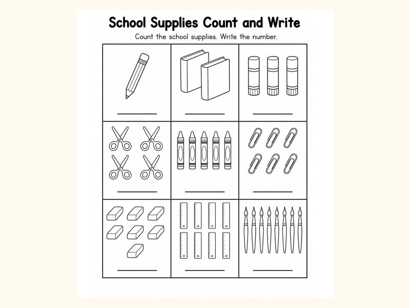 Worksheet School Supplies Count and Write Worksheet printable preview