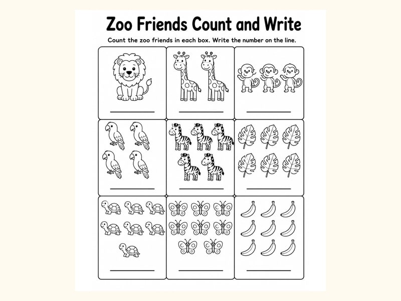 Zoo Friends Count and Write Worksheet printable preview