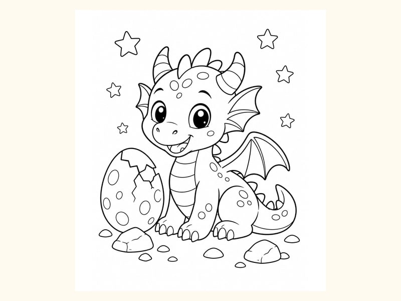 Cute Baby Dragon Sitting beside a Cracked Egg printable preview